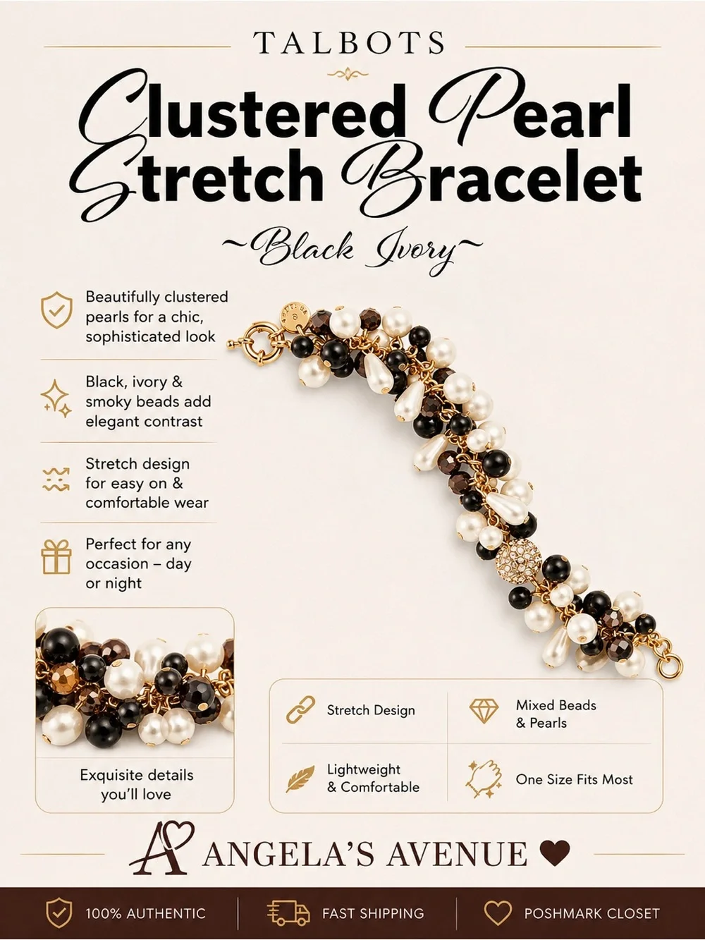 Talbots Clustered Pearl Stretch Bracelet Black Ivory NEW
